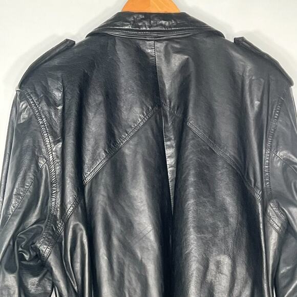 Vintage 90s Saxony Black Leather Oversized Belted Mid Trench Coat Jacket Women - Picture 10 of 16
